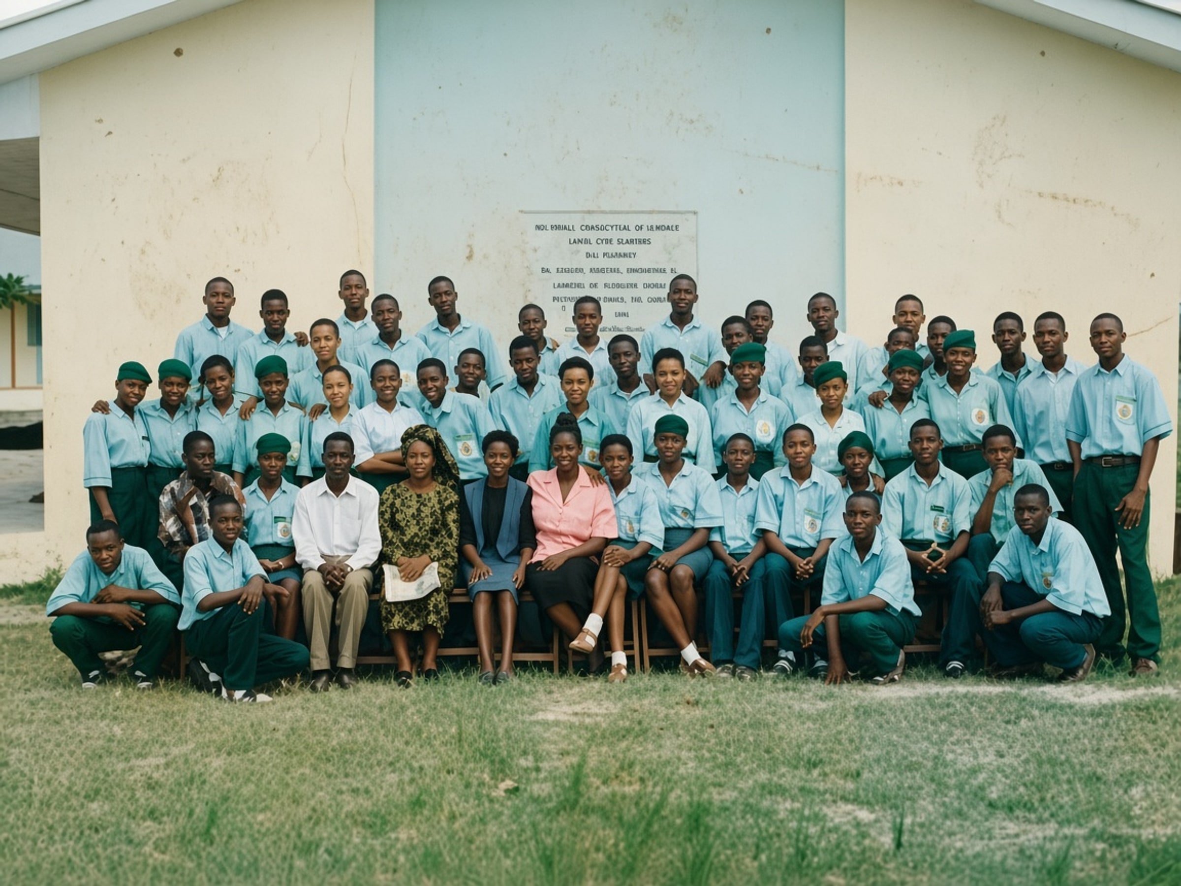 Command Day Secondary School Ojo class of 1998 group photograph with students in blue shirts and green uniforms