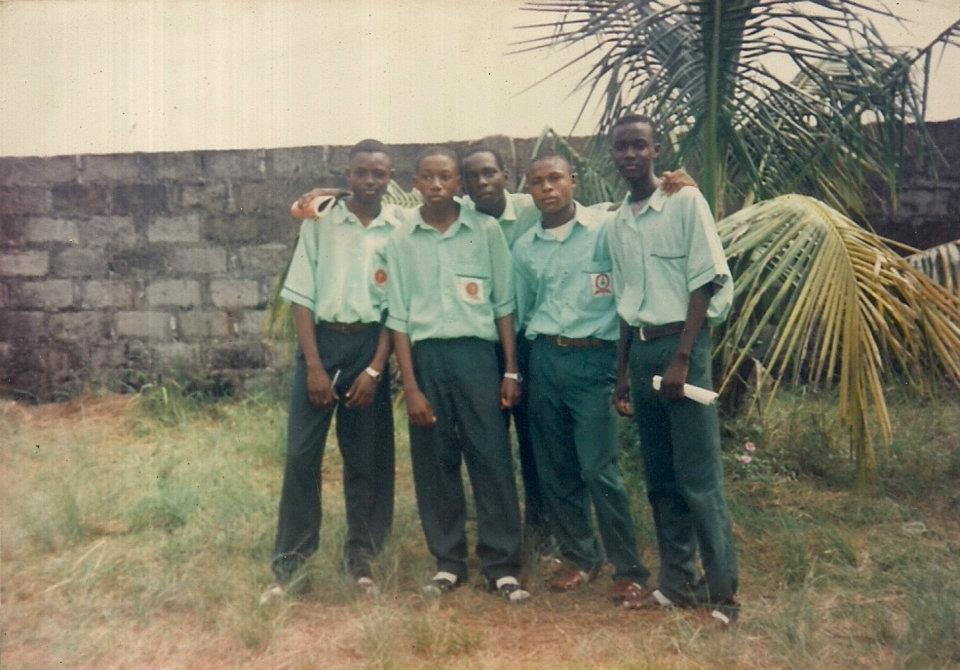 Five Command Day Secondary School Ojo classmates in green school uniforms outdoors in the late 1990s